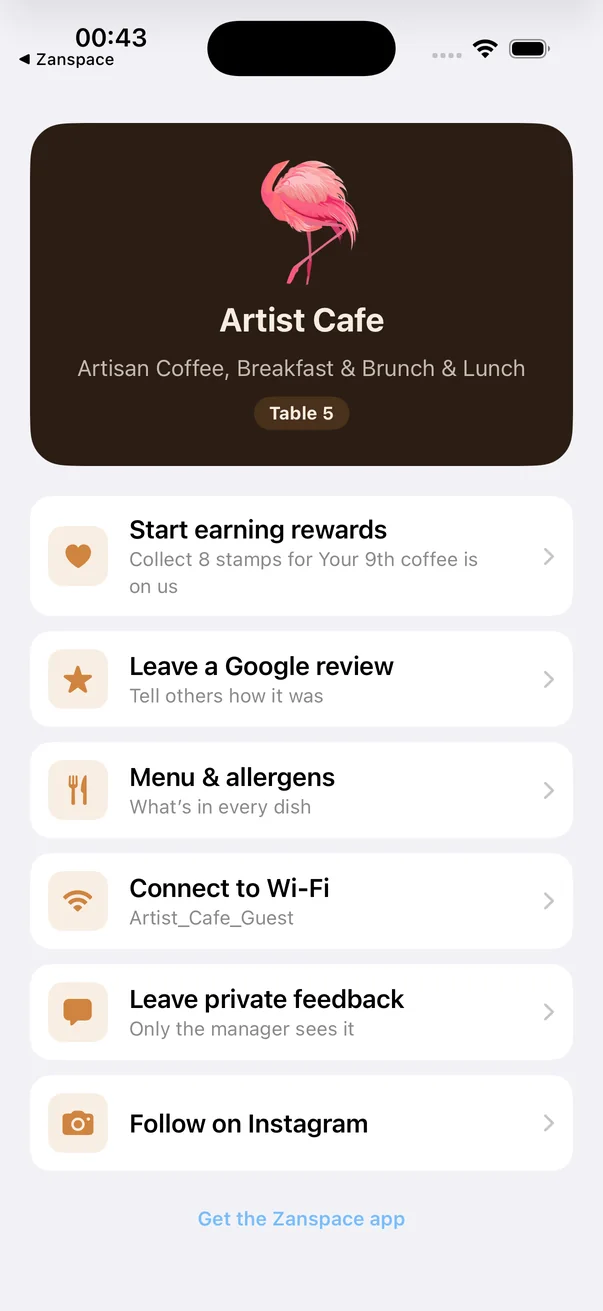 Artist Cafe loyalty page on a phone