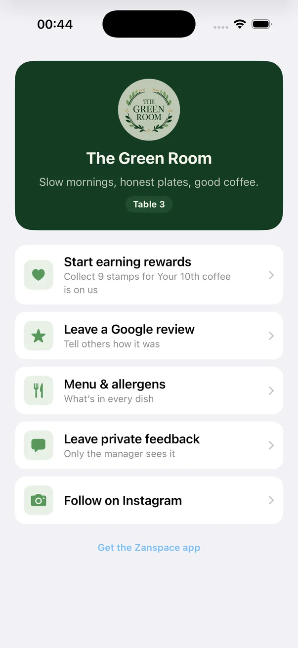 The Green Room loyalty page on a phone