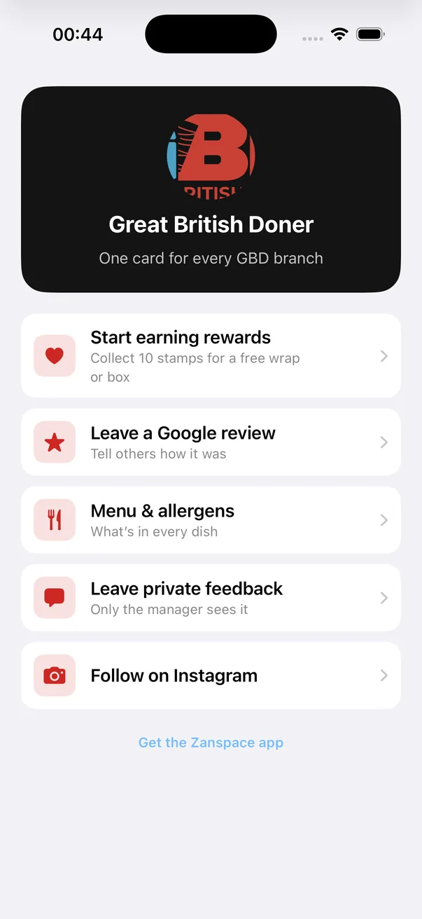 Great British Doner loyalty page on a phone