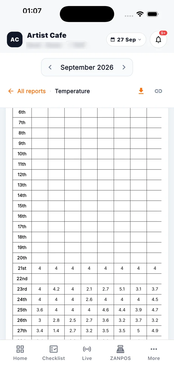 SC2 temperature record — Zanspace app screen