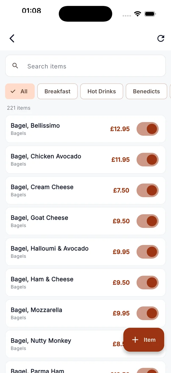 Menu editor — Zanspace app screen