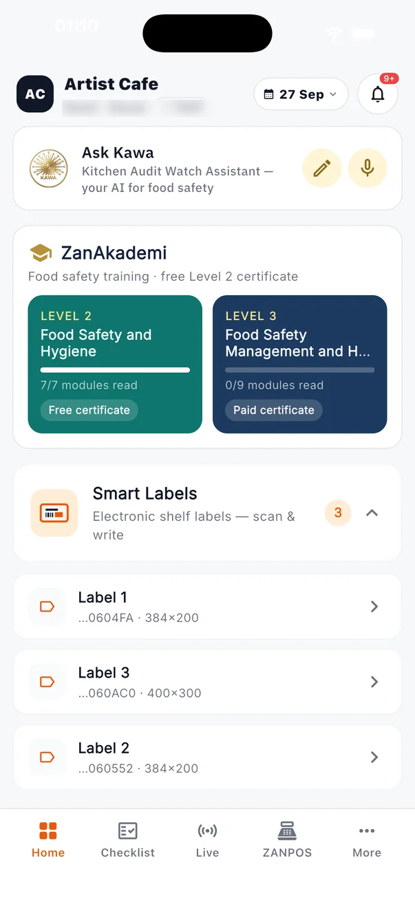 Labels — Zanspace app screen