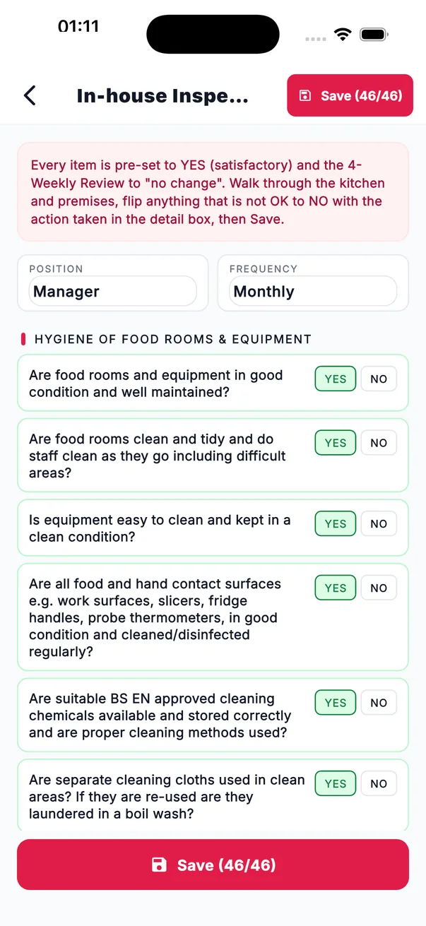 Monthly in-house inspection — Zanspace app screen