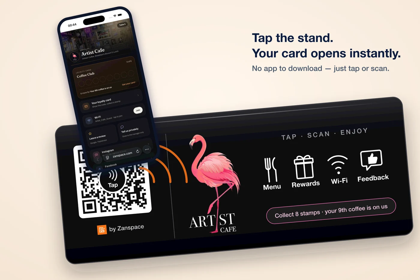 A guest taps the Artist Cafe table stand with their phone and the loyalty card opens