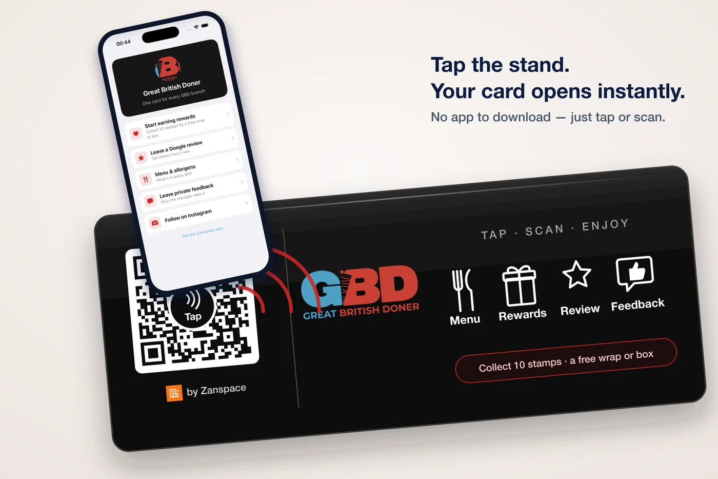 A guest taps the Great British Doner table stand with their phone and the loyalty card opens