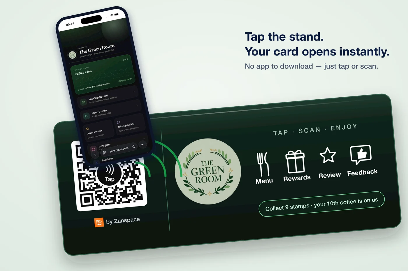 A guest taps The Green Room table stand with their phone and the loyalty card opens