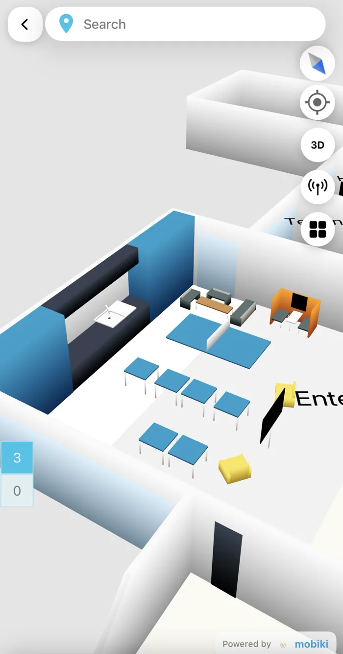 Real screen: a 3D digital twin of a restaurant showing the kitchen, tables, seating and entrance