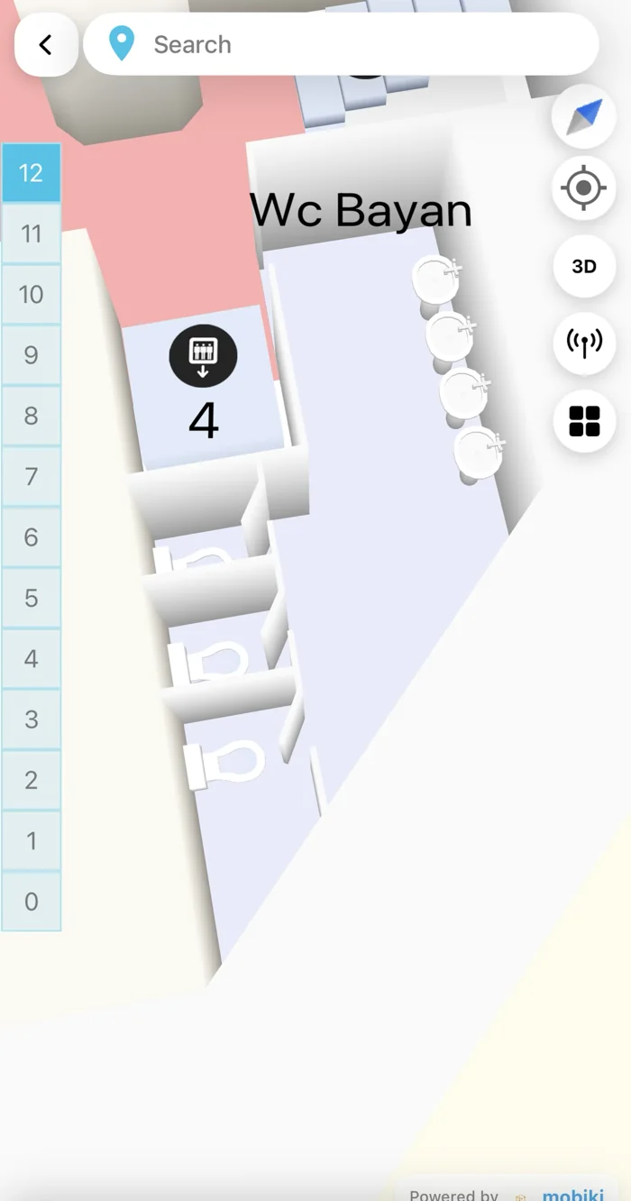 Real screen: a multi-floor building in 3D with a floor selector and room labels